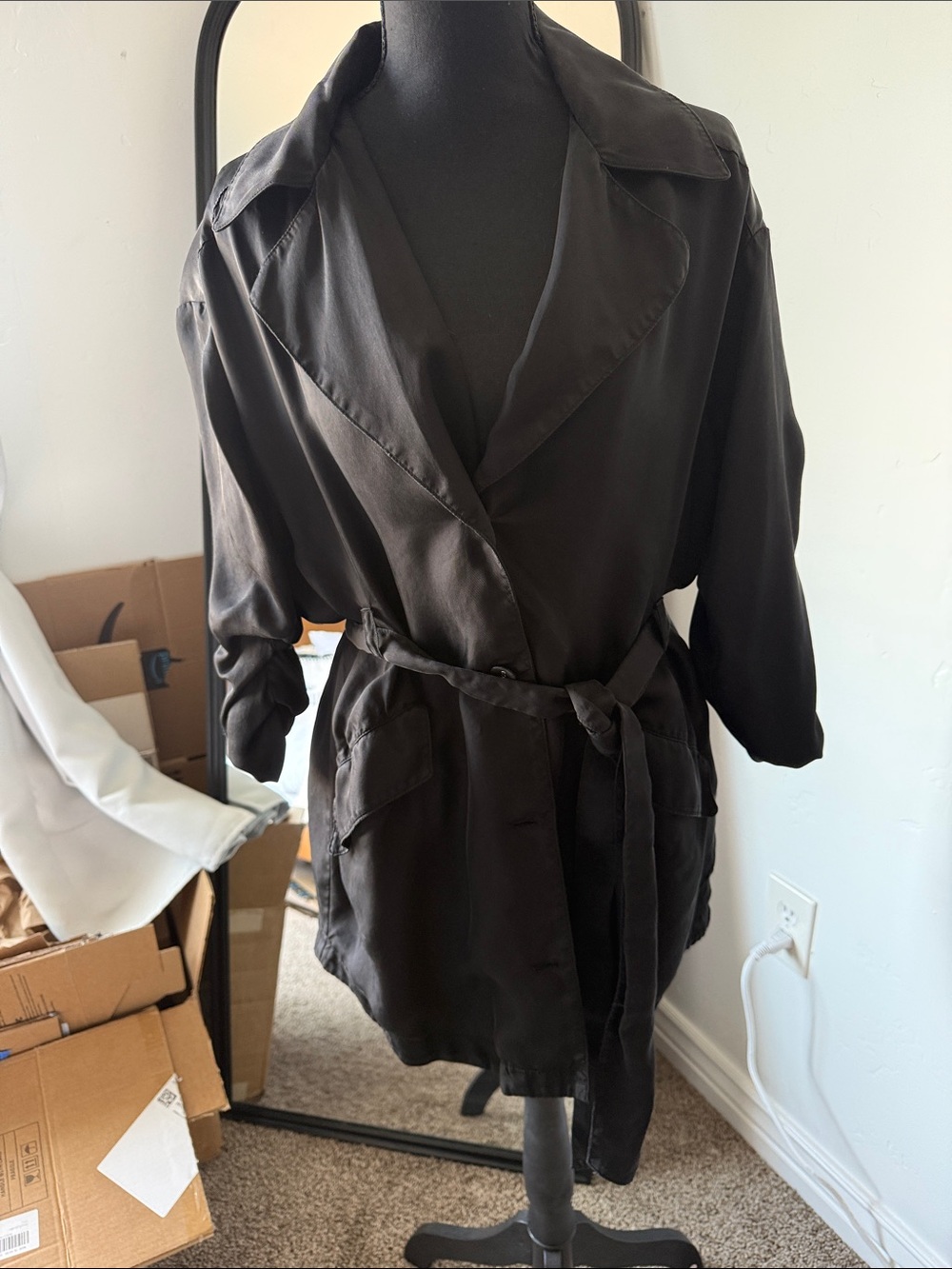 cinq a sept Black Satin Belted Mini Shirt-Dress